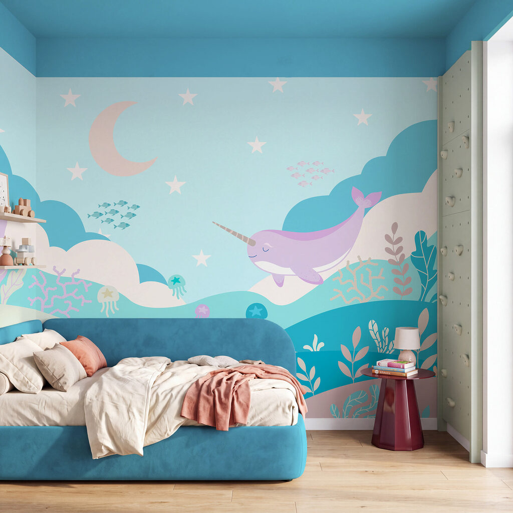 Wall mural Cartoon of a narwhal swimming in a sea (SKU: t01053v3)