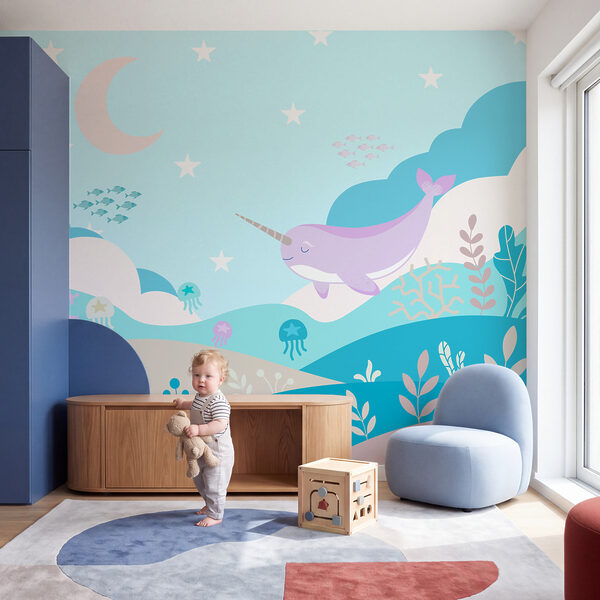 Wall mural Cartoon of a narwhal swimming in a sea (SKU: t01053v3)