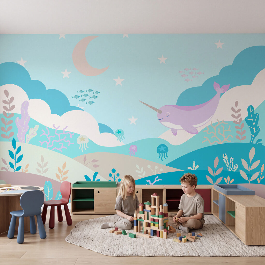 Wall mural Cartoon of a narwhal swimming in a sea (SKU: t01053v3)