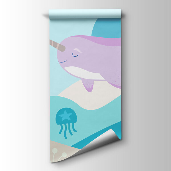 Wall mural Cartoon of a narwhal swimming in a sea (SKU: t01053v3)