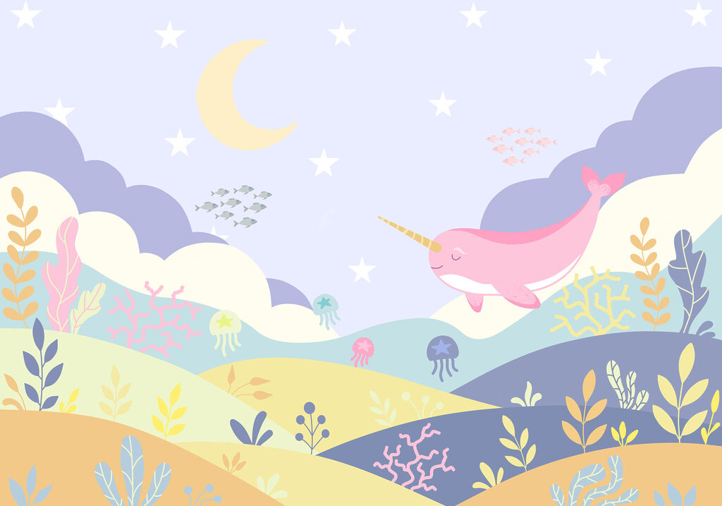 Wall mural Cartoon of a narwhal and a sea creature (SKU: t01053v5)