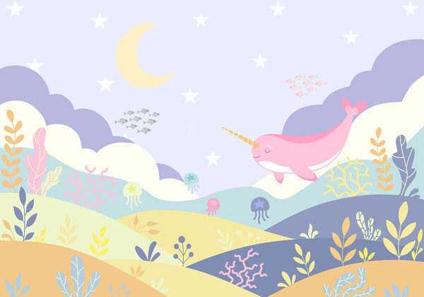 Wall mural Cartoon of a narwhal and a sea creature (SKU: t01053v5)