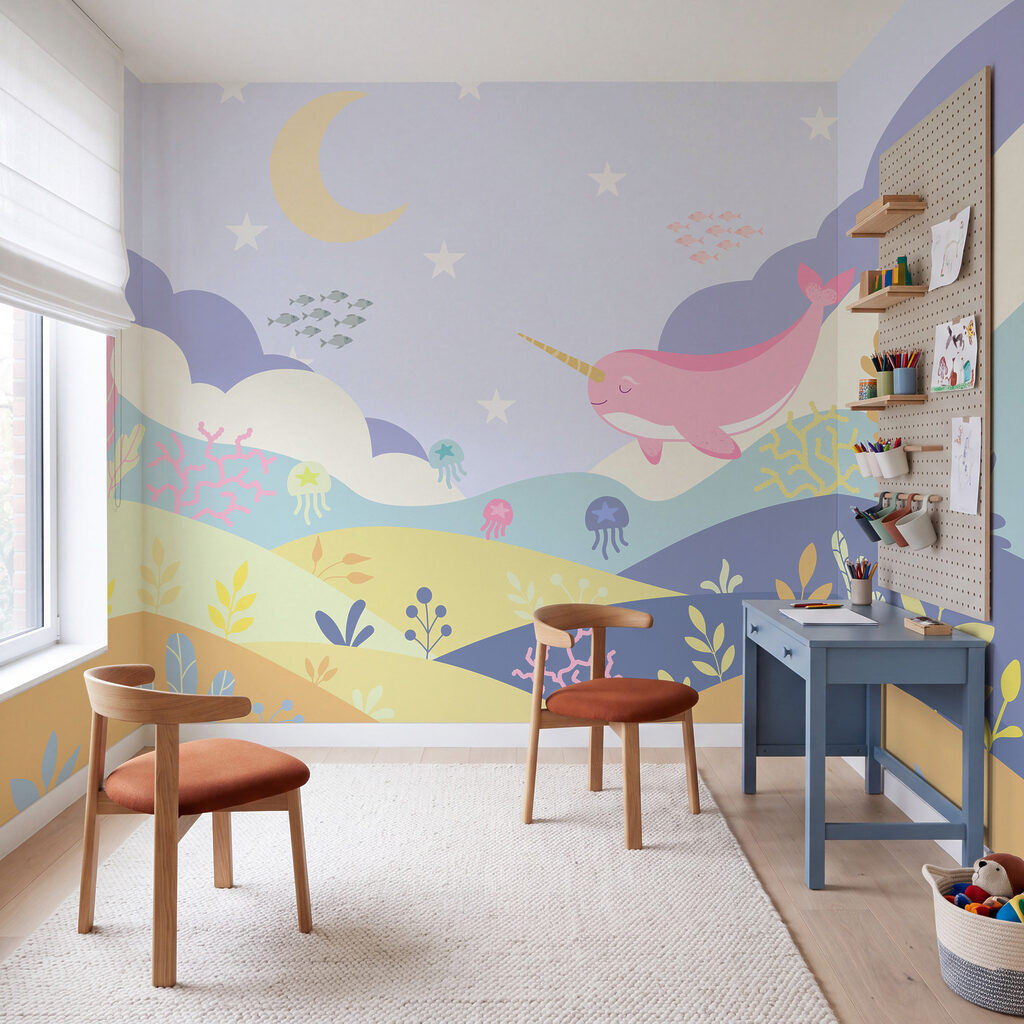 Wall mural Cartoon of a narwhal and a sea creature (SKU: t01053v5)