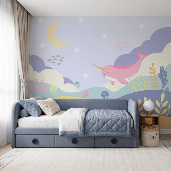 Wall mural Cartoon of a narwhal and a sea creature (SKU: t01053v5)