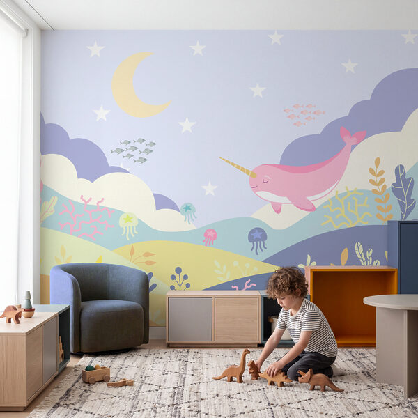 Wall mural Cartoon of a narwhal and a sea creature (SKU: t01053v5)
