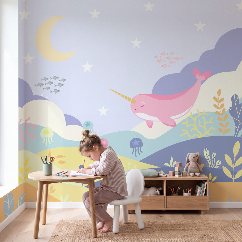 Wall mural Cartoon of a narwhal and a sea creature (SKU: t01053v5)