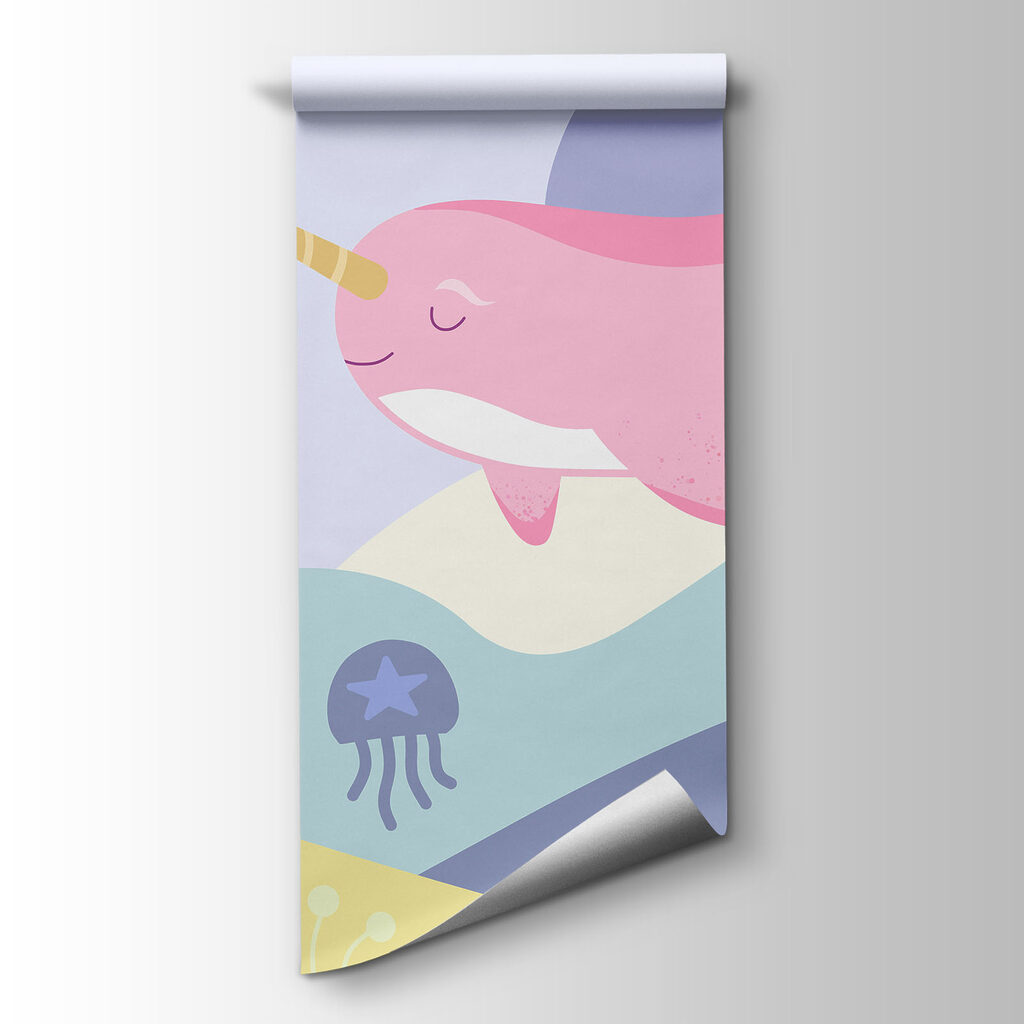 Wall mural Cartoon of a narwhal and a sea creature (SKU: t01053v5)