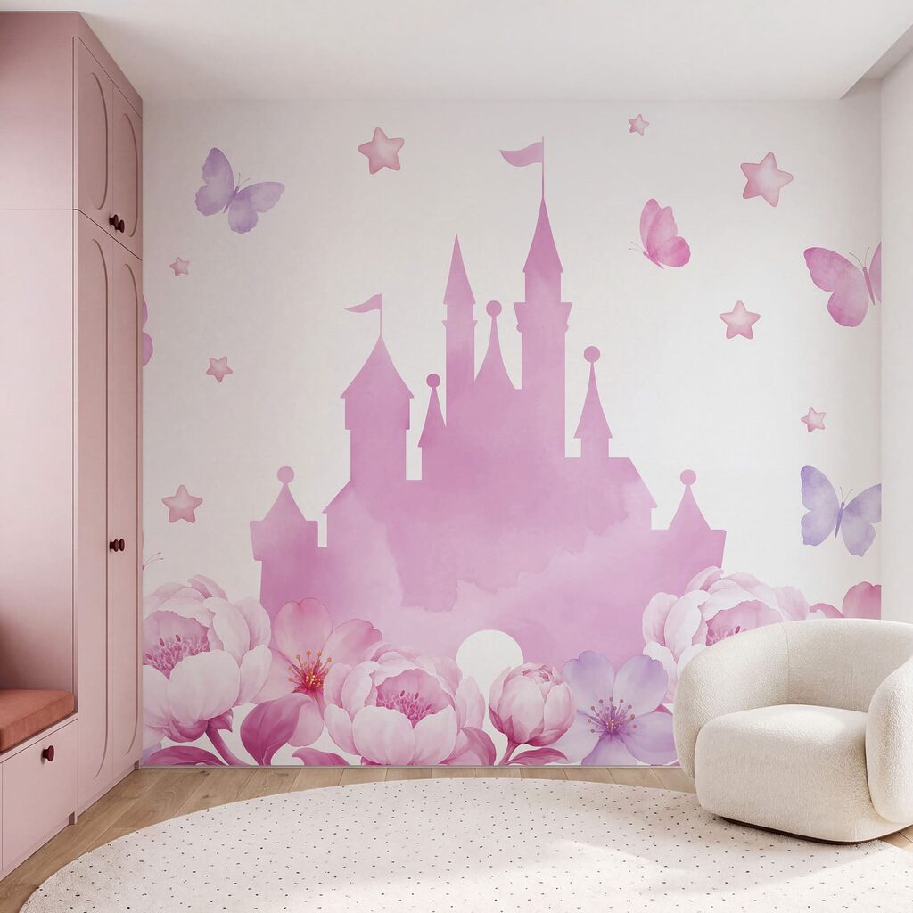 Wall mural Pink castle with butterflies and flowers (SKU: t01113) Wall mural Pink castle with butterflies and flowers (SKU: t01113)