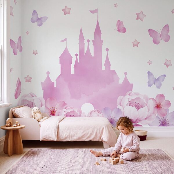 Wall mural Pink castle with butterflies and flowers (SKU: t01113)