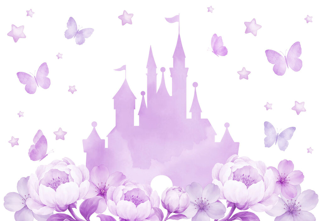 Wall mural Purple castle with flowers and butterflies (SKU: t01113v2) Wall mural Purple castle with flowers and butterflies (SKU: t01113v2)
