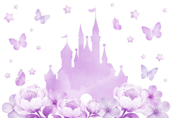 Wall mural Purple castle with flowers and butterflies (SKU: t01113v2) Wall mural Purple castle with flowers and butterflies (SKU: t01113v2)