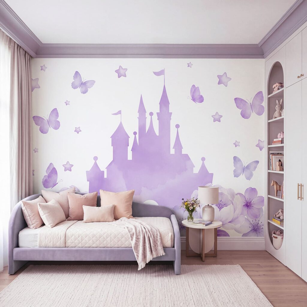 Wall mural Purple castle with flowers and butterflies (SKU: t01113v2) Wall mural Purple castle with flowers and butterflies (SKU: t01113v2)