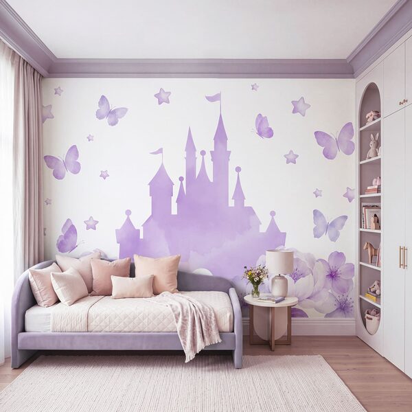 Wall mural Purple castle with flowers and butterflies (SKU: t01113v2) Wall mural Purple castle with flowers and butterflies (SKU: t01113v2)