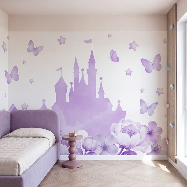 Wall mural Purple castle with flowers and butterflies (SKU: t01113v2) Wall mural Purple castle with flowers and butterflies (SKU: t01113v2)