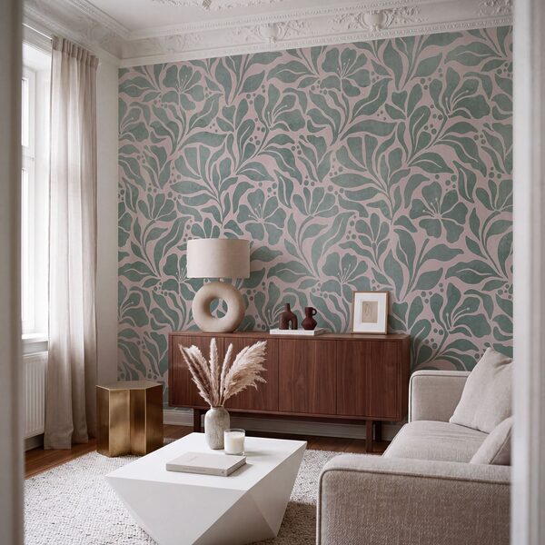 Wall mural Pattern of leaves on a pink background (SKU: t01114v3) Wall mural Pattern of leaves on a pink background (SKU: t01114v3)