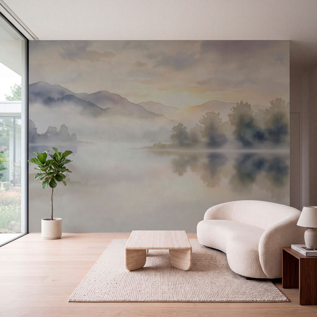 Wall mural Watercolor painting of a lake with trees and mountains in the background (SKU: t01068) Wall mural Watercolor painting of a lake with trees and mountains in the background (SKU: t01068)