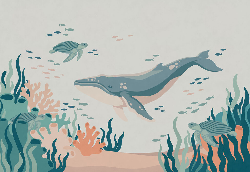 Wall mural Whale and turtle swimming in the ocean (SKU: t01074)