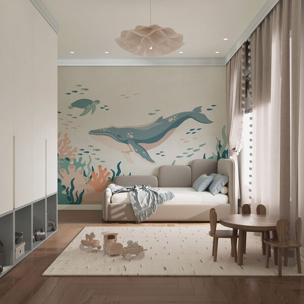 Wall mural Whale and turtle swimming in the ocean (SKU: t01074)