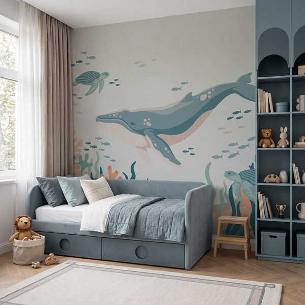 Wall mural Whale and turtle swimming in the ocean (SKU: t01074)