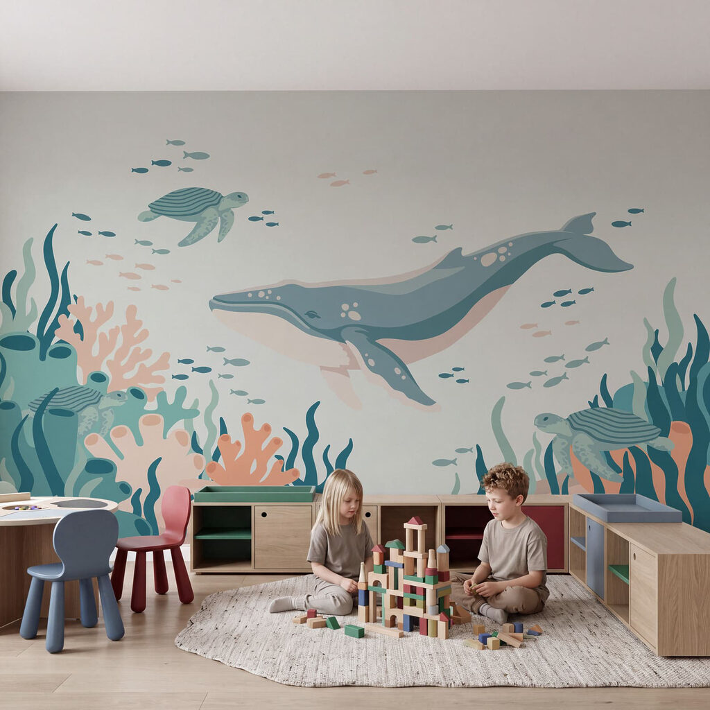 Wall mural Whale and turtle swimming in the ocean (SKU: t01074)