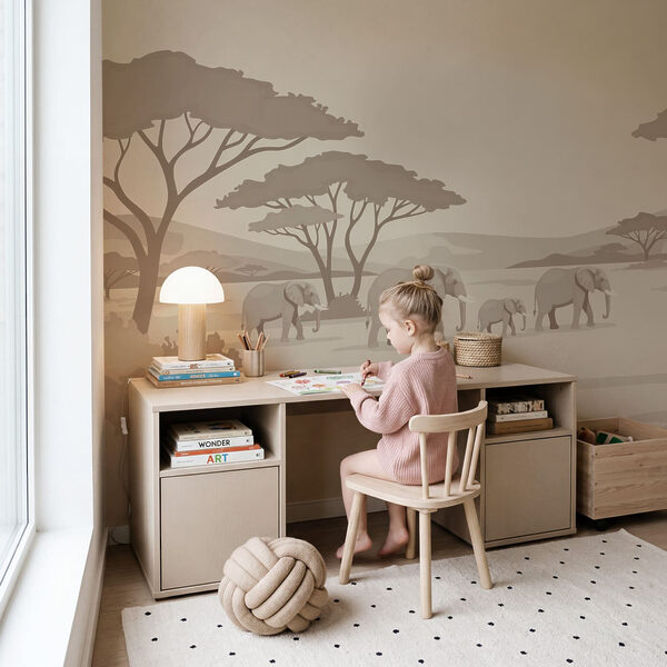 Wall mural Group of elephants and giraffes in a field (SKU: t01076) Wall mural Group of elephants and giraffes in a field (SKU: t01076)