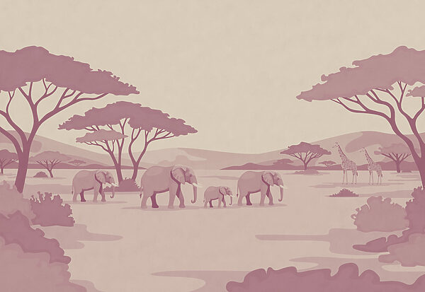 Wall mural Group of elephants and giraffes in a desert (SKU: t01076v1)
