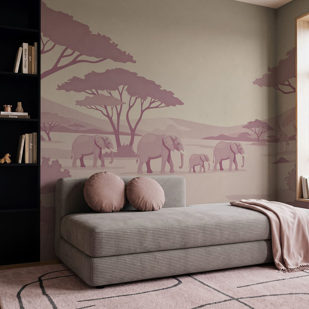 Wall mural Group of elephants and giraffes in a desert (SKU: t01076v1)