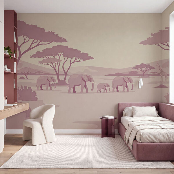 Wall mural Group of elephants and giraffes in a desert (SKU: t01076v1)