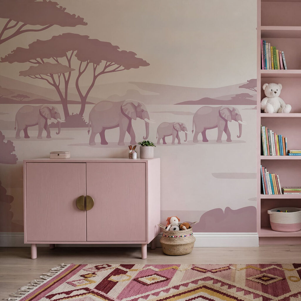 Wall mural Group of elephants and giraffes in a desert (SKU: t01076v1)
