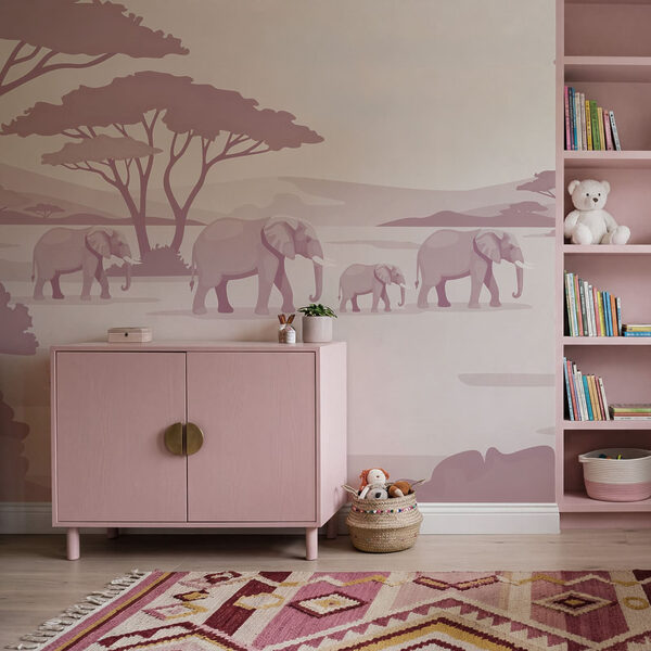 Wall mural Group of elephants and giraffes in a desert (SKU: t01076v1)