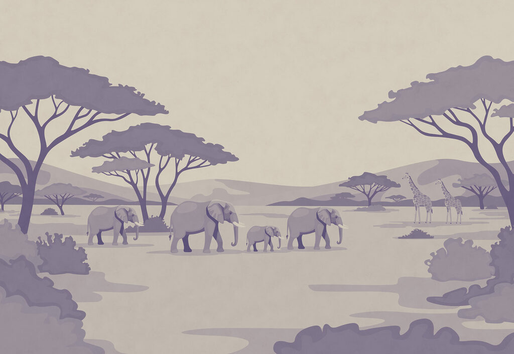 Wall mural Group of elephants and giraffes in a field (SKU: t01076v2) Wall mural Group of elephants and giraffes in a field (SKU: t01076v2)