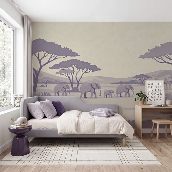 Wall mural Group of elephants and giraffes in a field (SKU: t01076v2) Wall mural Group of elephants and giraffes in a field (SKU: t01076v2)