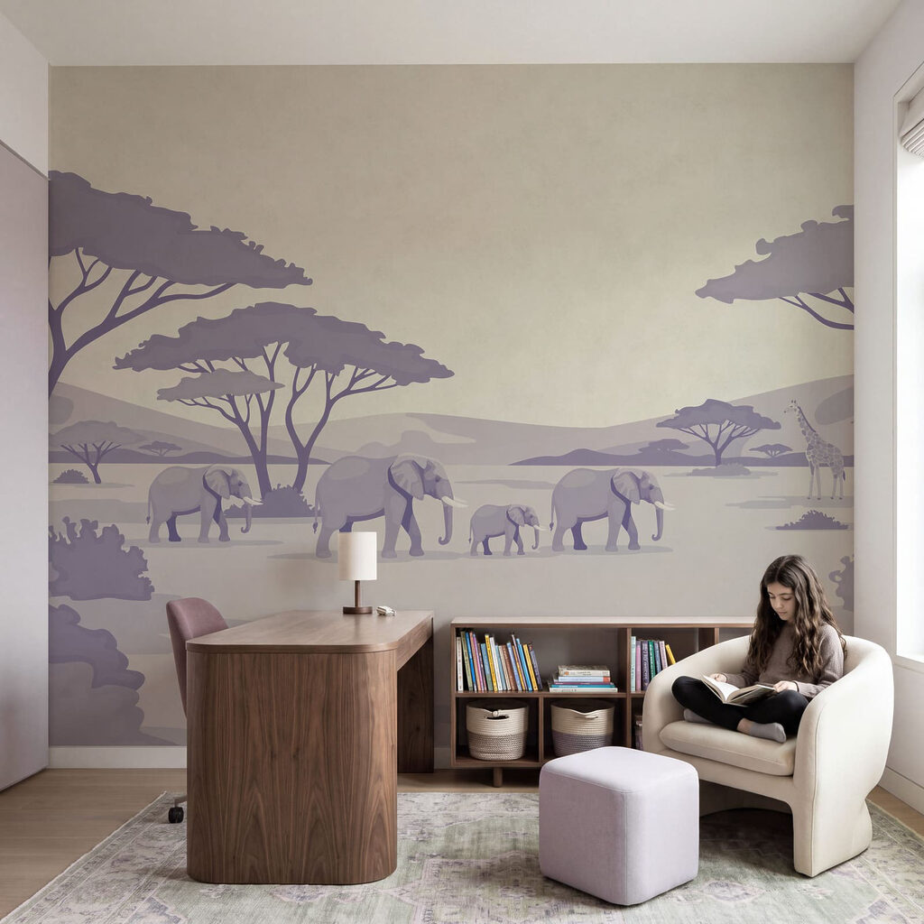 Wall mural Group of elephants and giraffes in a field (SKU: t01076v2) Wall mural Group of elephants and giraffes in a field (SKU: t01076v2)