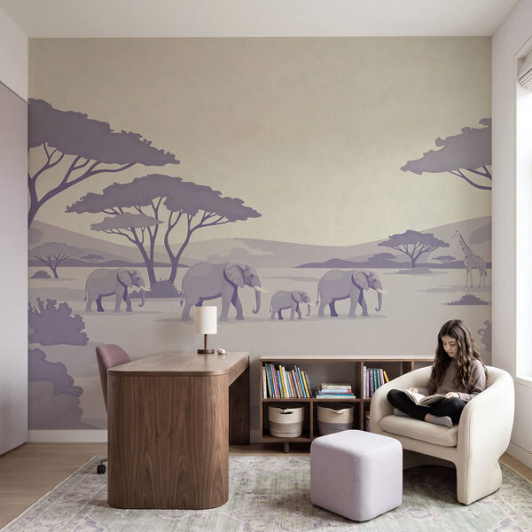 Wall mural Group of elephants and giraffes in a field (SKU: t01076v2) Wall mural Group of elephants and giraffes in a field (SKU: t01076v2)
