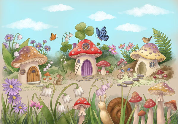 Wall mural Cartoon of mushrooms and snails (SKU: t01104)