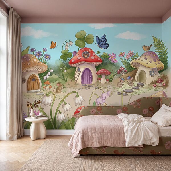 Wall mural Cartoon of mushrooms and snails (SKU: t01104)