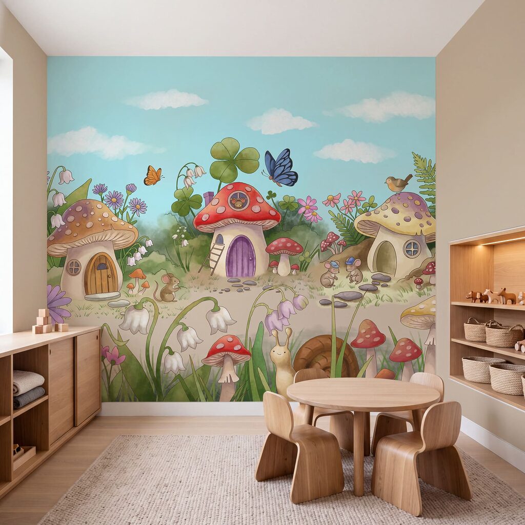 Wall mural Cartoon of mushrooms and snails (SKU: t01104)