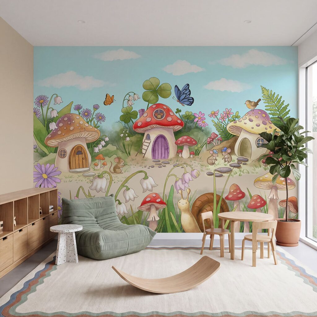 Wall mural Cartoon of mushrooms and snails (SKU: t01104)