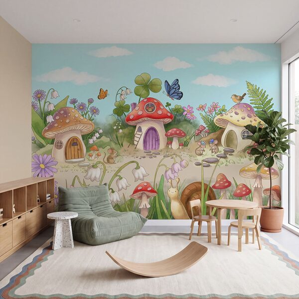 Wall mural Cartoon of mushrooms and snails (SKU: t01104)