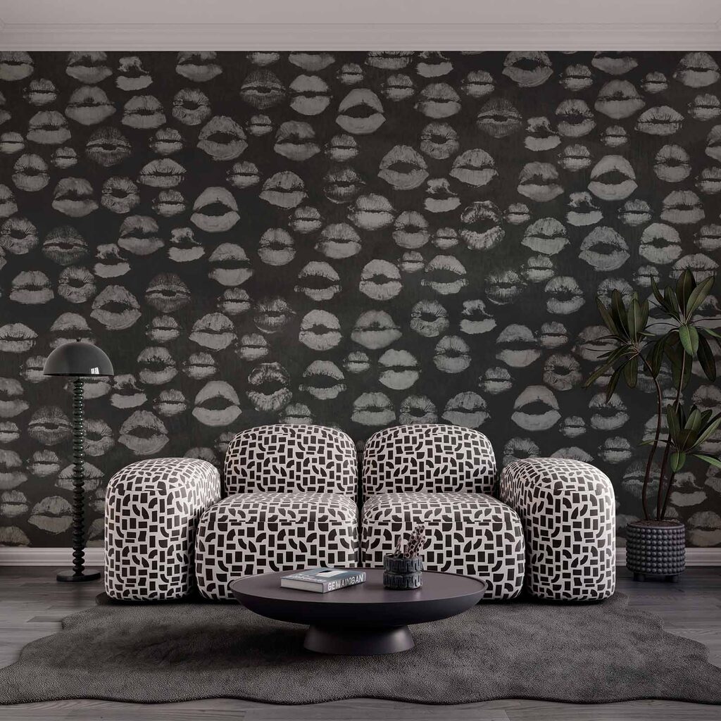 Wall mural Black and white background with lipstick prints (SKU: t01086)