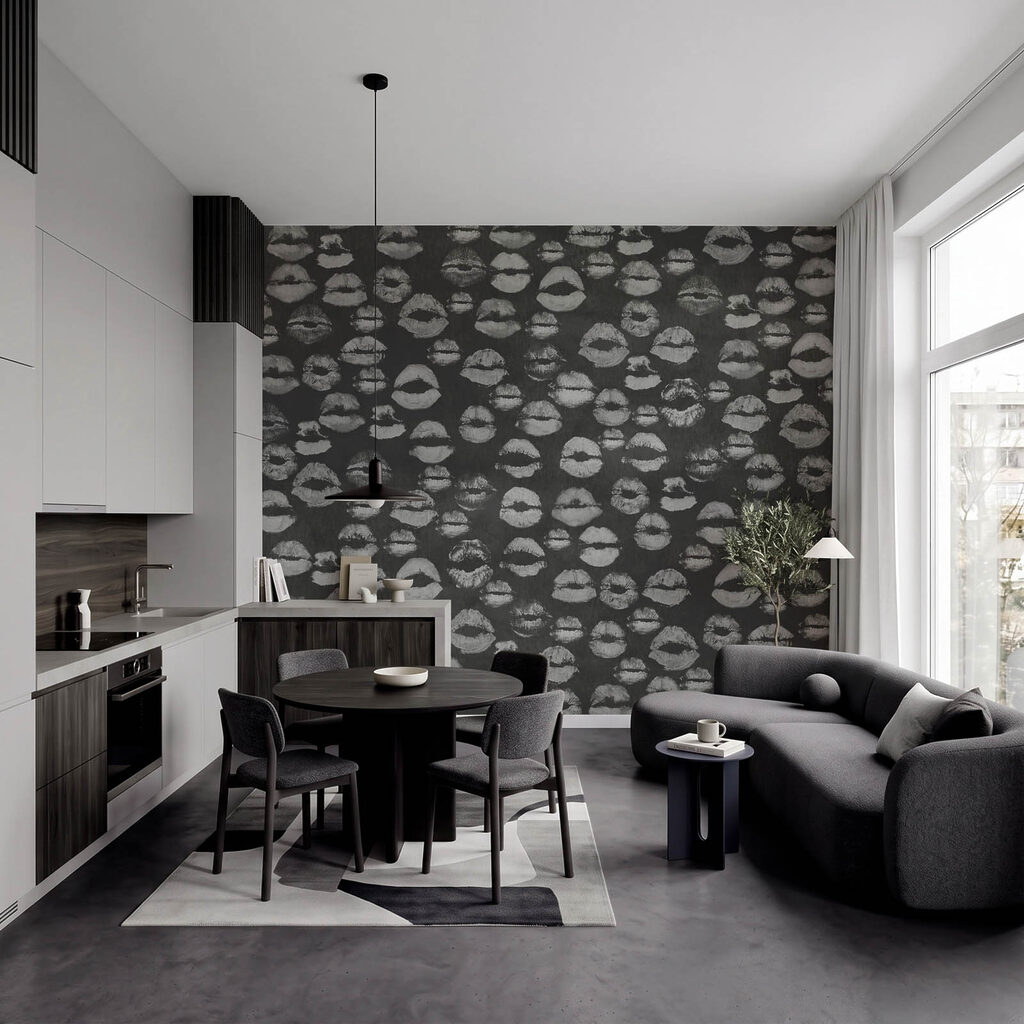 Wall mural Black and white background with lipstick prints (SKU: t01086)
