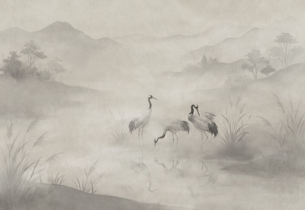 Wall mural Group of birds in a foggy landscape (SKU: t01089) Wall mural Group of birds in a foggy landscape (SKU: t01089)
