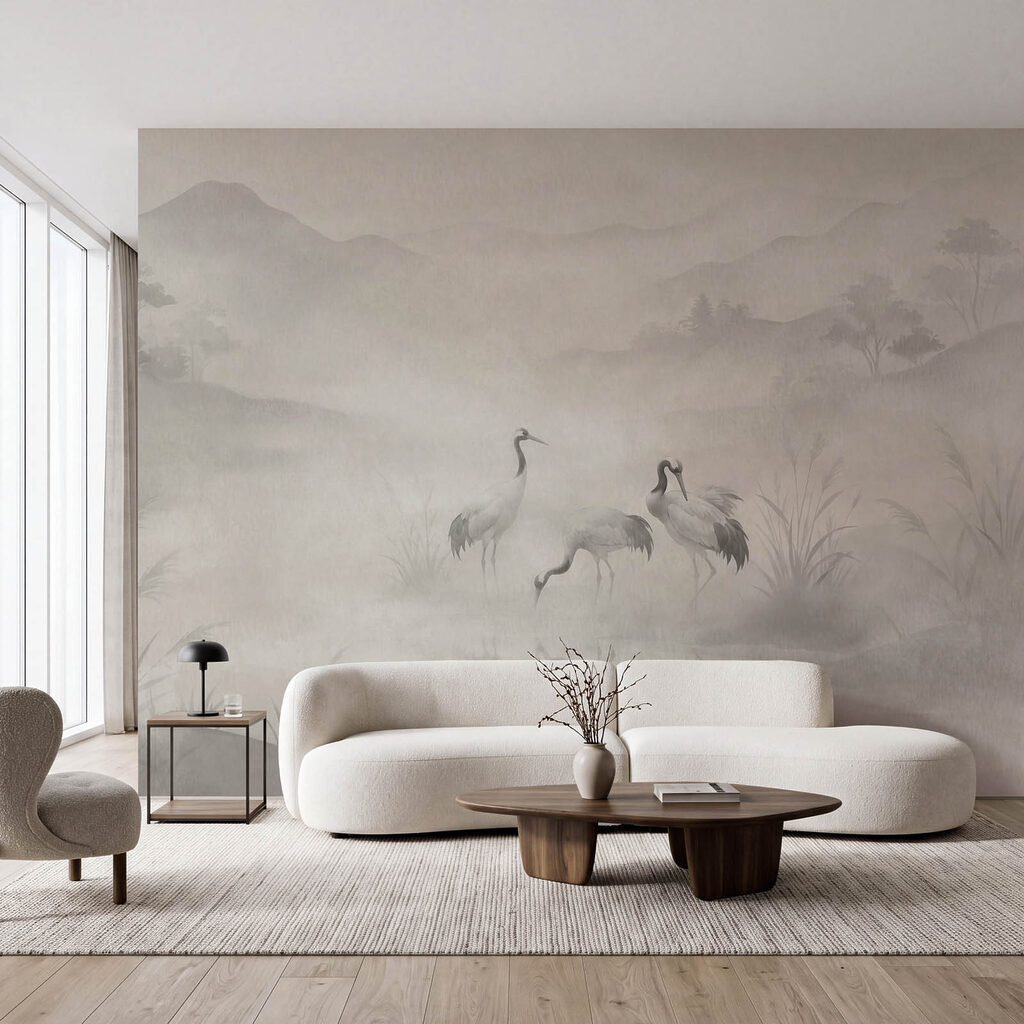 Wall mural Group of birds in a foggy landscape (SKU: t01089) Wall mural Group of birds in a foggy landscape (SKU: t01089)