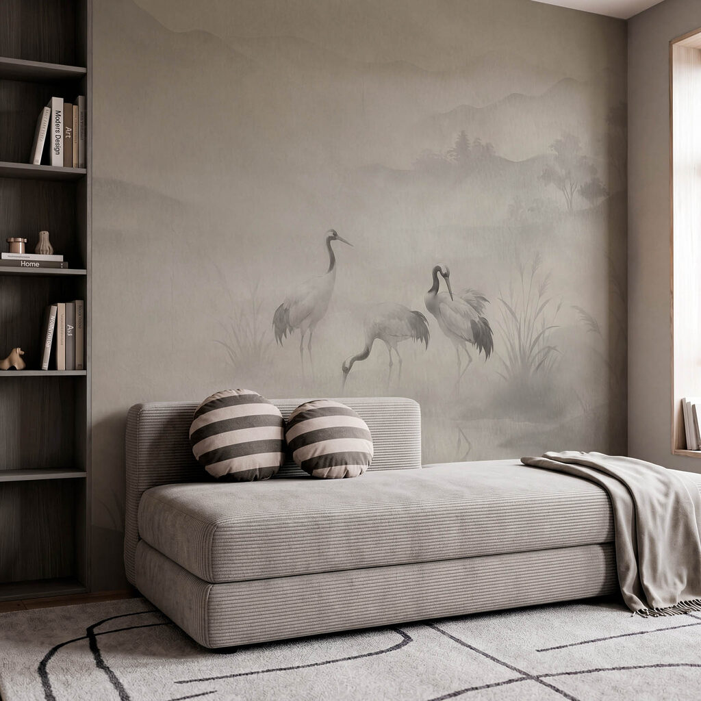 Wall mural Group of birds in a foggy landscape (SKU: t01089) Wall mural Group of birds in a foggy landscape (SKU: t01089)