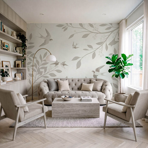 Wall mural White background with birds and leaves (SKU: t01090) Wall mural White background with birds and leaves (SKU: t01090)