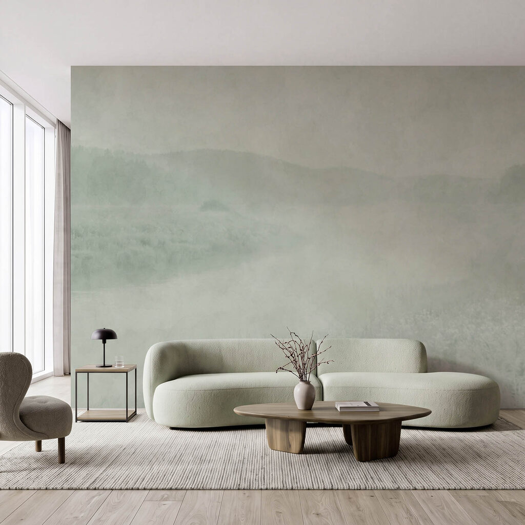 Wall mural Foggy landscape with a river and hills (SKU: t01091) Wall mural Foggy landscape with a river and hills (SKU: t01091)