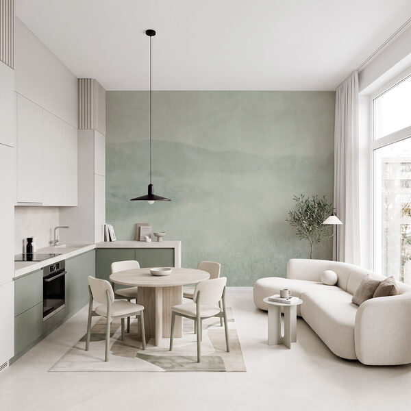 Wall mural Foggy landscape with a river and hills (SKU: t01091) Wall mural Foggy landscape with a river and hills (SKU: t01091)