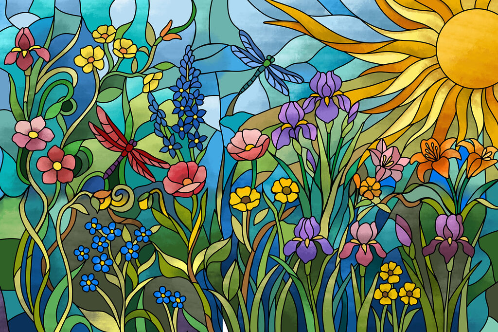 Wall mural Stained glass window with flowers and dragonflies (SKU: t01120) Wall mural Stained glass window with flowers and dragonflies (SKU: t01120)