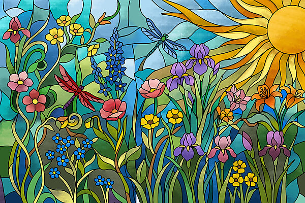 Wall mural Stained glass window with flowers and dragonflies (SKU: t01120) Wall mural Stained glass window with flowers and dragonflies (SKU: t01120)