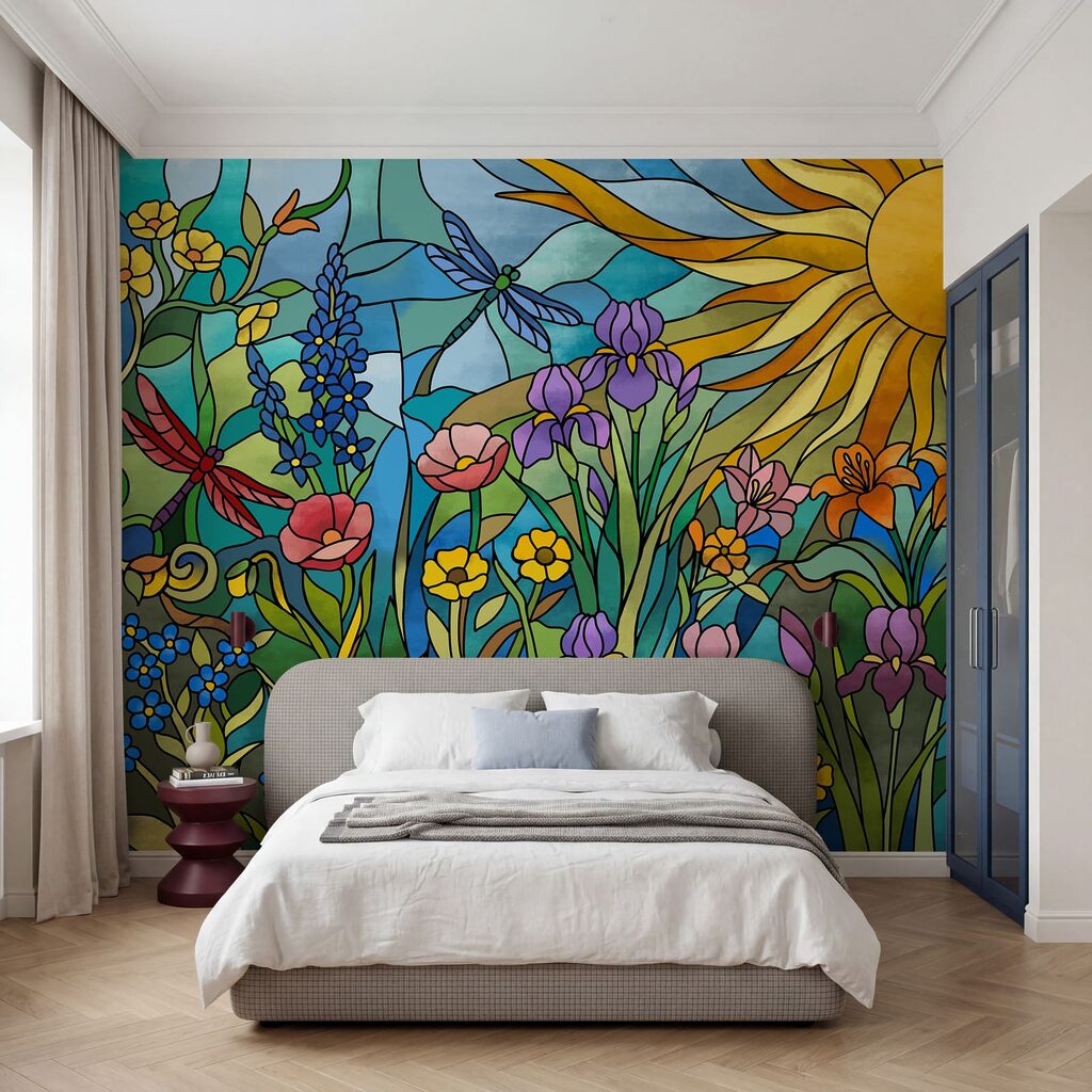 Wall mural Stained glass window with flowers and dragonflies (SKU: t01120) Wall mural Stained glass window with flowers and dragonflies (SKU: t01120)